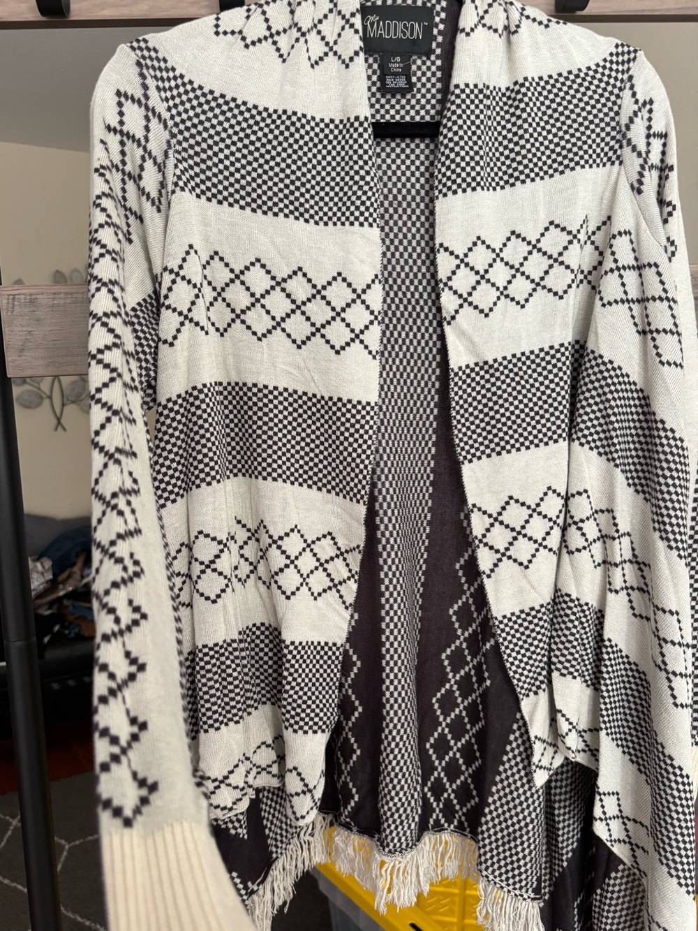 Madison Black & White Patterned Open-Front Cardigan with Fringe